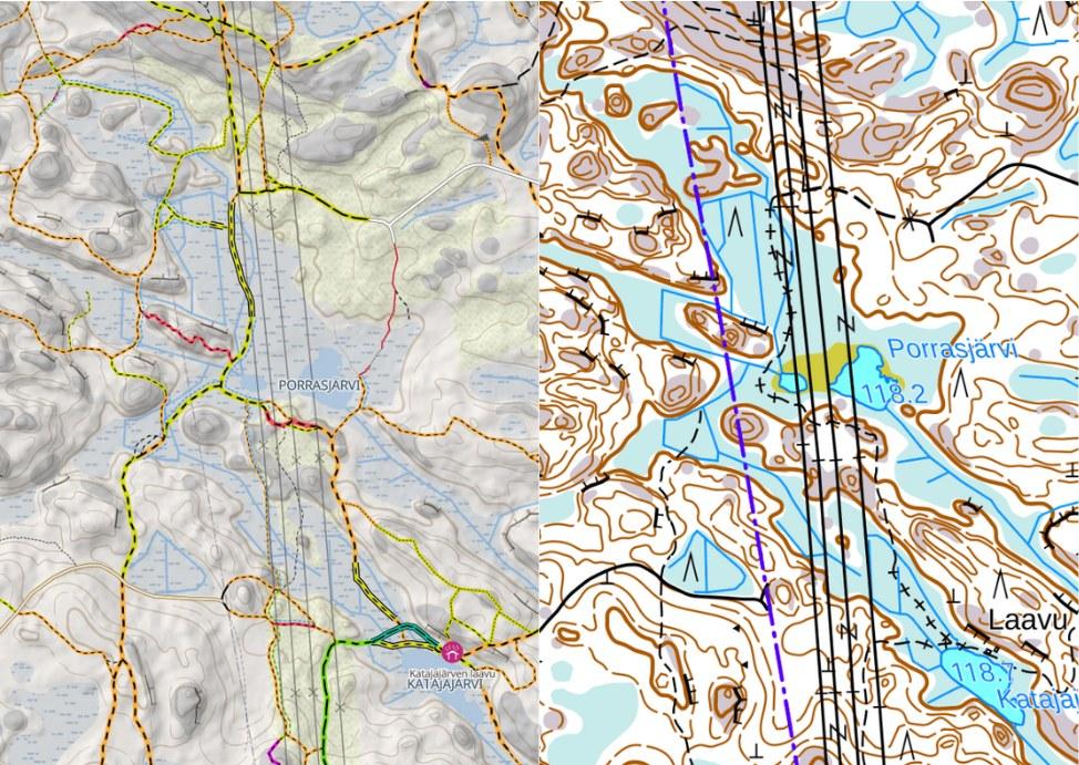 Trailmap vasemmalla, MML maastokartta oikealla